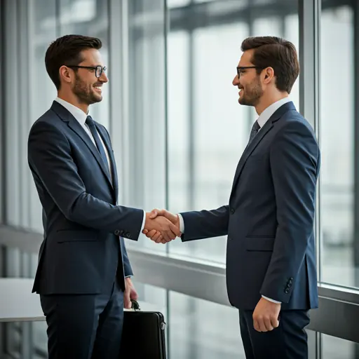 Two executives shaking hands in a modern office